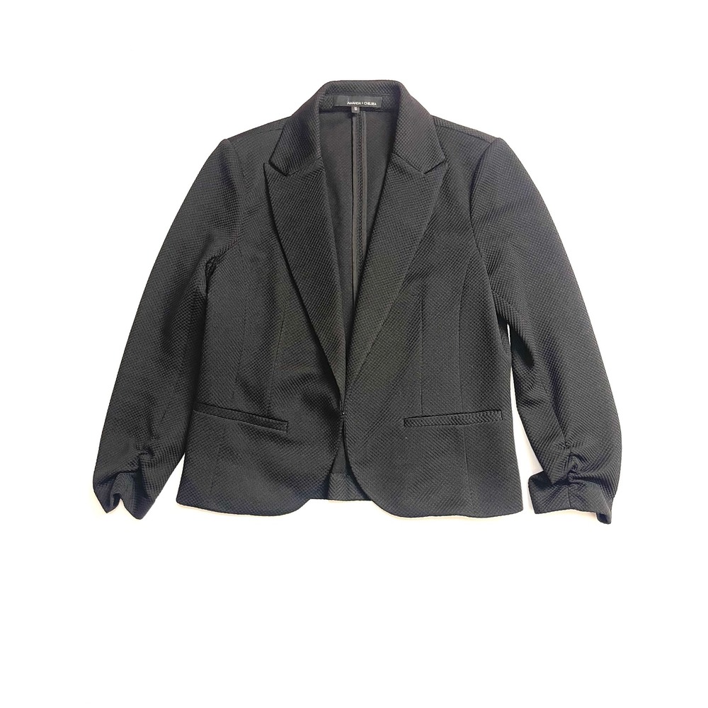 Amanda + Chelsea Black Textured Waffle Knit Ruched Sleeve Open Front Blazer 10